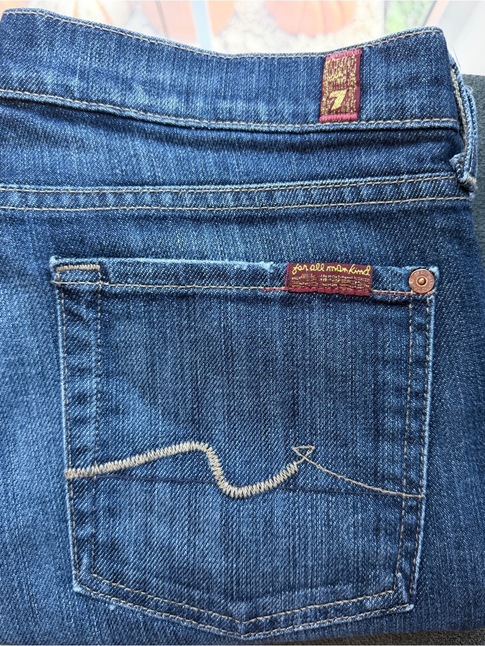 7 For All Mankind Bootcut Jeans 29 Dark Wash Yellow Squiggle Made in USA